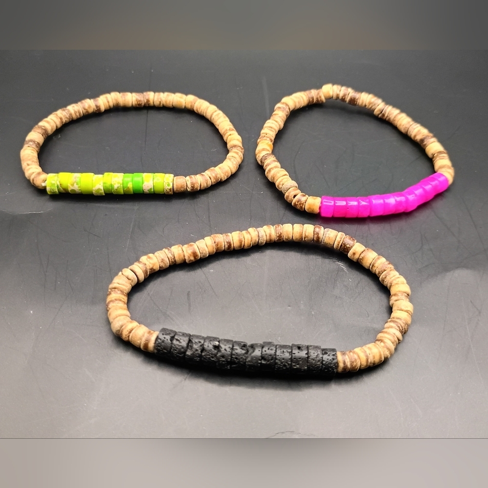 Mens Set of Three Natural Stone Beaded Bracelets Size 6.5